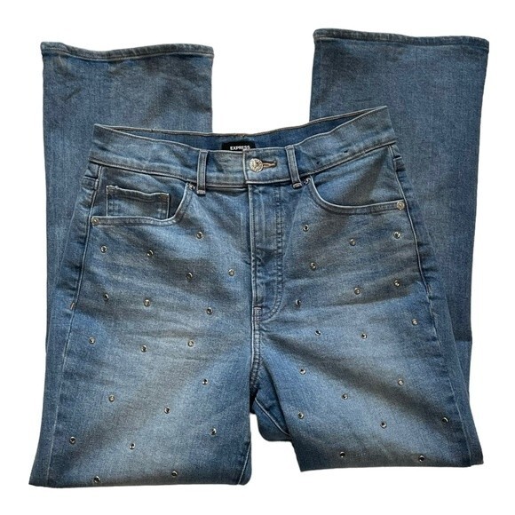 Express High Rise Cropped Flare Jeans with Rhinestone Embellishments, Size 6 - Picture 1 of 6